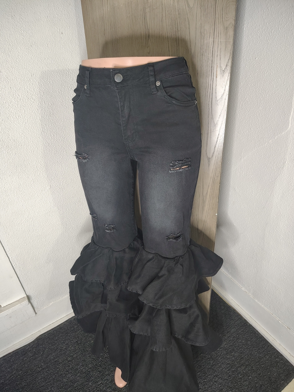 Fashion Nova Black Ruffle Flare Distressed Jeans
